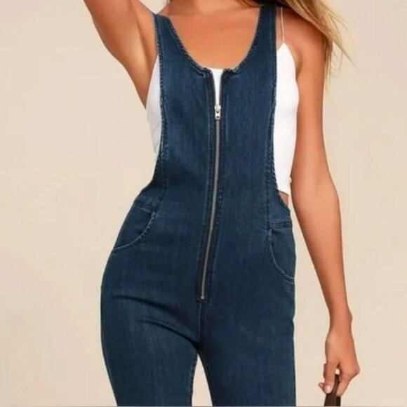 Free People Jax Blue Denim Jean Jumpsuit Skinny Zipper Front Overalls.  SZ XS - Picture 2 of 6